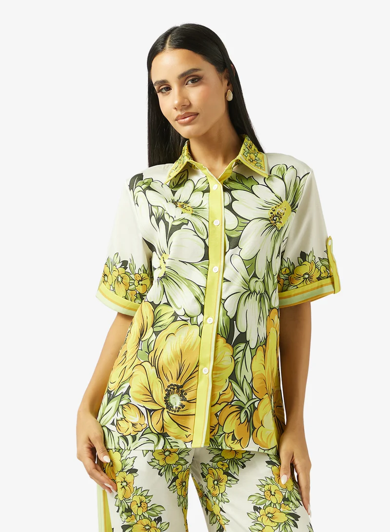 Ginger  Oversize Satin Scarf Print Shirt & Pant Coord Set for Women | Best Price UAE